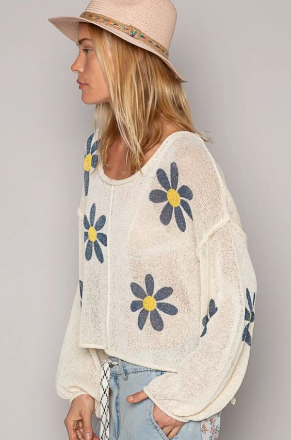 Jr Top - Long Sleeve Daisy - Cream/Blue-hotRAGS.com