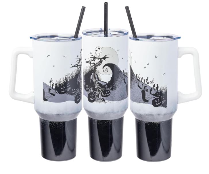 Tumbler - Disney Nightmare Before Christmas by Tim Burton Jack Skellington Hill and Moon Stainless Steel Tumbler with Handle and Straw, Fits in Standard Cup Holder, 40 Ounces-hotRAGS.com