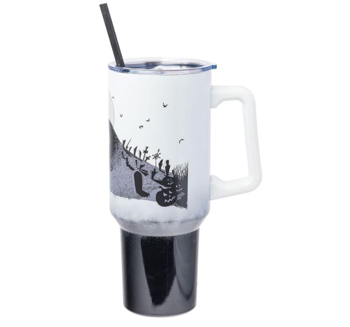 Tumbler - Disney Nightmare Before Christmas by Tim Burton Jack Skellington Hill and Moon Stainless Steel Tumbler with Handle and Straw, Fits in Standard Cup Holder, 40 Ounces-hotRAGS.com