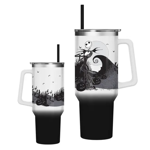 Tumbler - Disney Nightmare Before Christmas by Tim Burton Jack Skellington Hill and Moon Stainless Steel Tumbler with Handle and Straw, Fits in Standard Cup Holder, 40 Ounces-hotRAGS.com