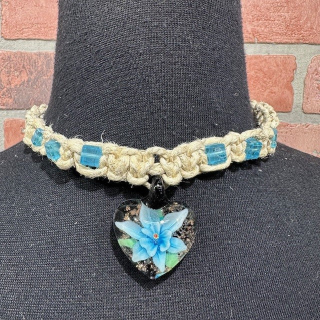Necklace - Hemp Heart Flower - Light Blue
