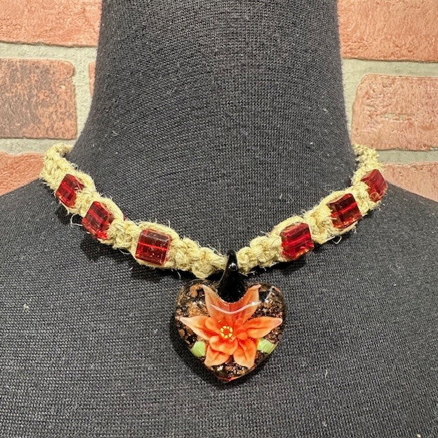 Necklace - Hemp Heart Flower - Red-hotRAGS.com