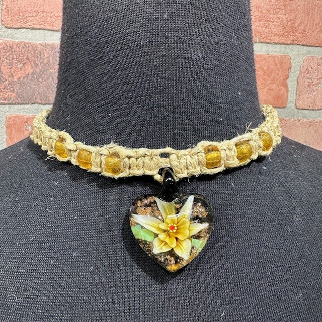 Necklace - Hemp Heart Flower - Yellow