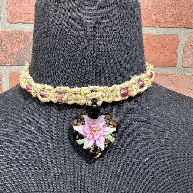 Necklace - Hemp Heart Flower - Pink-hotRAGS.com