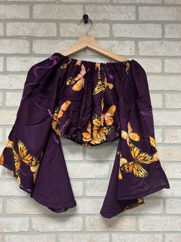 Jr Crop Top - Off Shoulder Butterfly Print Bell Sleeves-hotRAGS.com