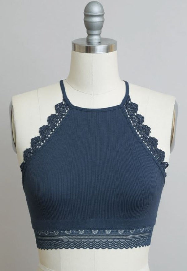 Bralette - High Neck Crochet Lace - Blue