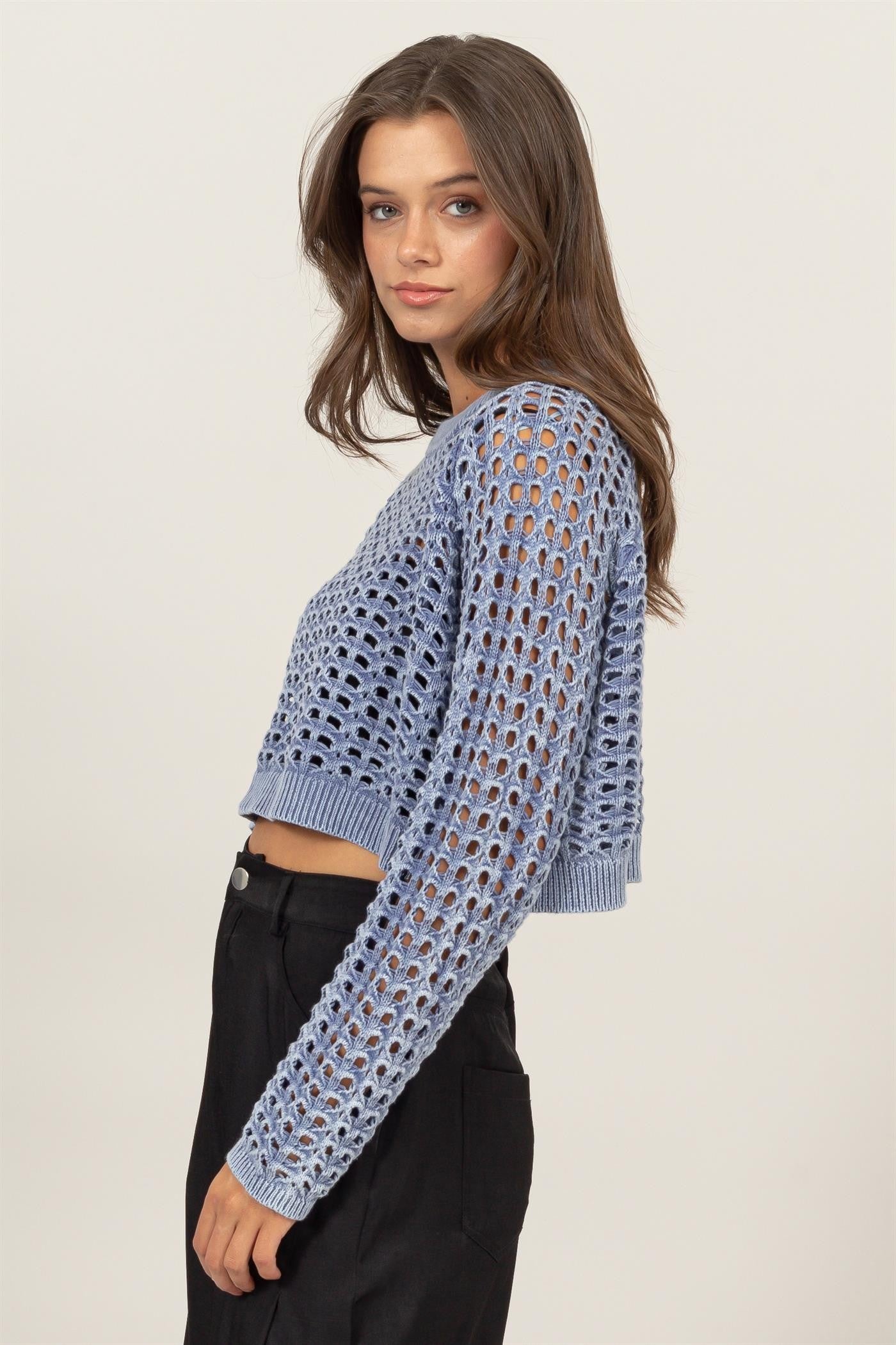 Sweater - Crop Knit 100% Cotton - Blue-hotRAGS.com