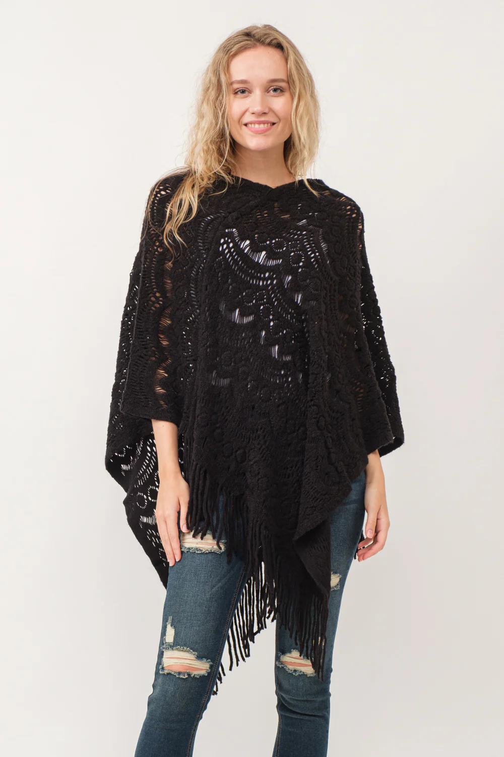 Poncho - Knit Scallop Cut - Black-hotRAGS.com