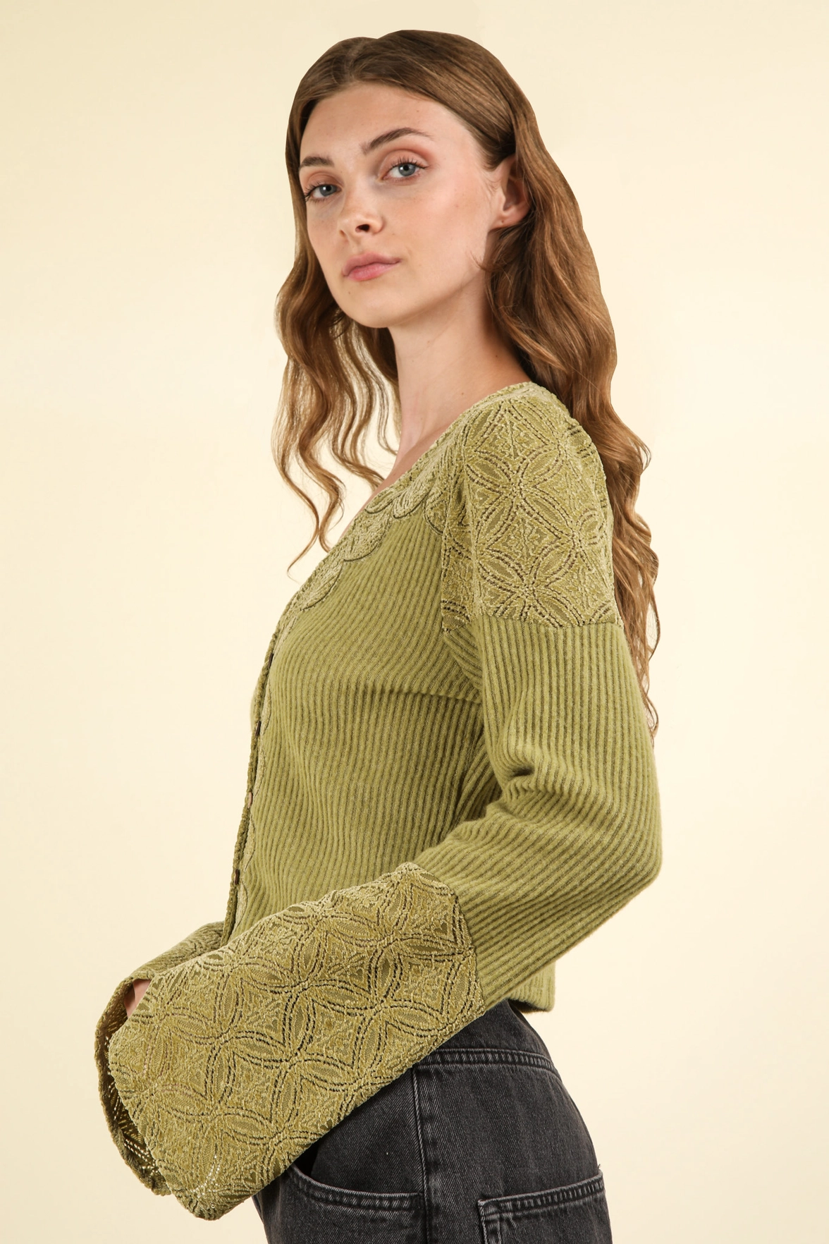 Jr Long Sleeve Top - Bell Sleeve Lace - Olive-hotRAGS.com
