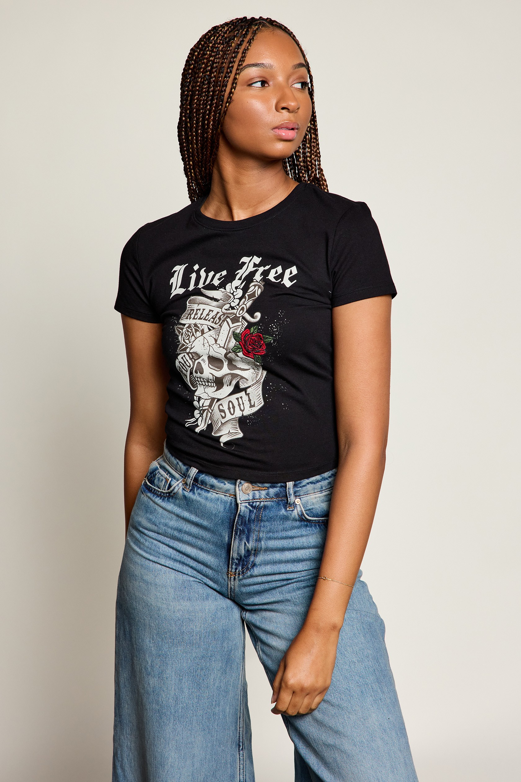 JR T-shirt - LIVE FREE SKELETON Embroidered ROSE-hotRAGS.com
