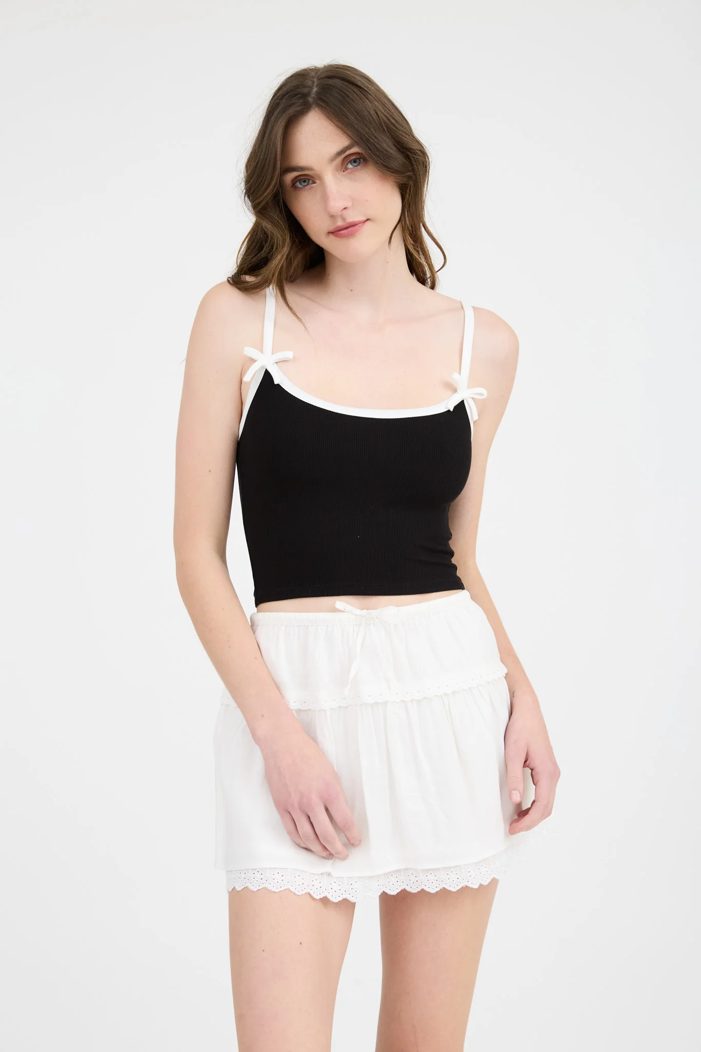 Tank Top - Ribbon Trim Knit Crop - Black