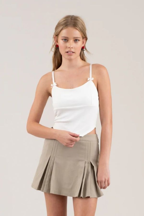 Tank Top Top- Bow Detail Crop Spaghetti - White