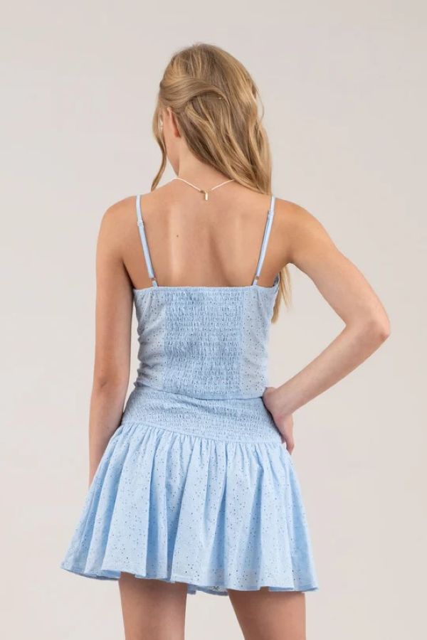 Tank Top - Crop Eyelet Lace Up - Blue