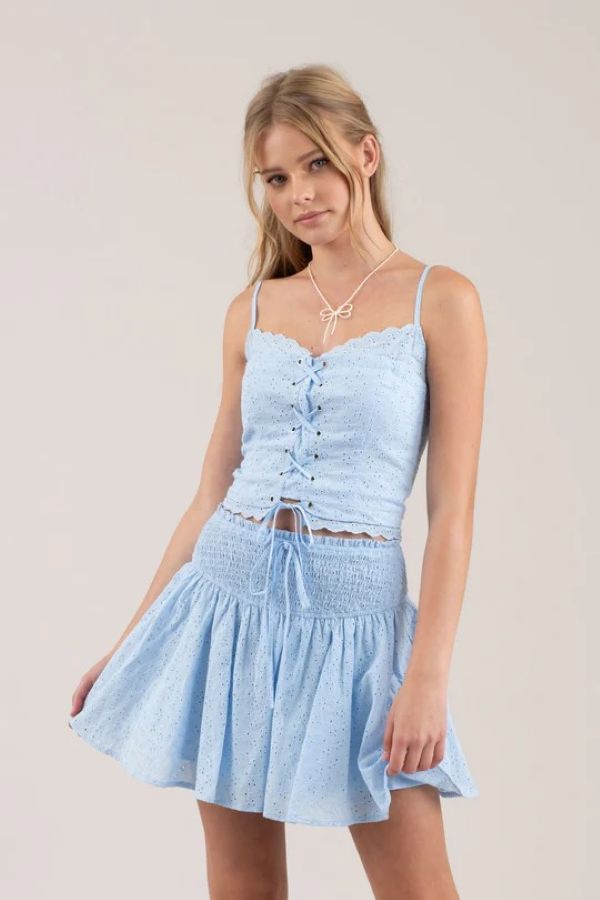 Tank Top - Crop Eyelet Lace Up - Blue