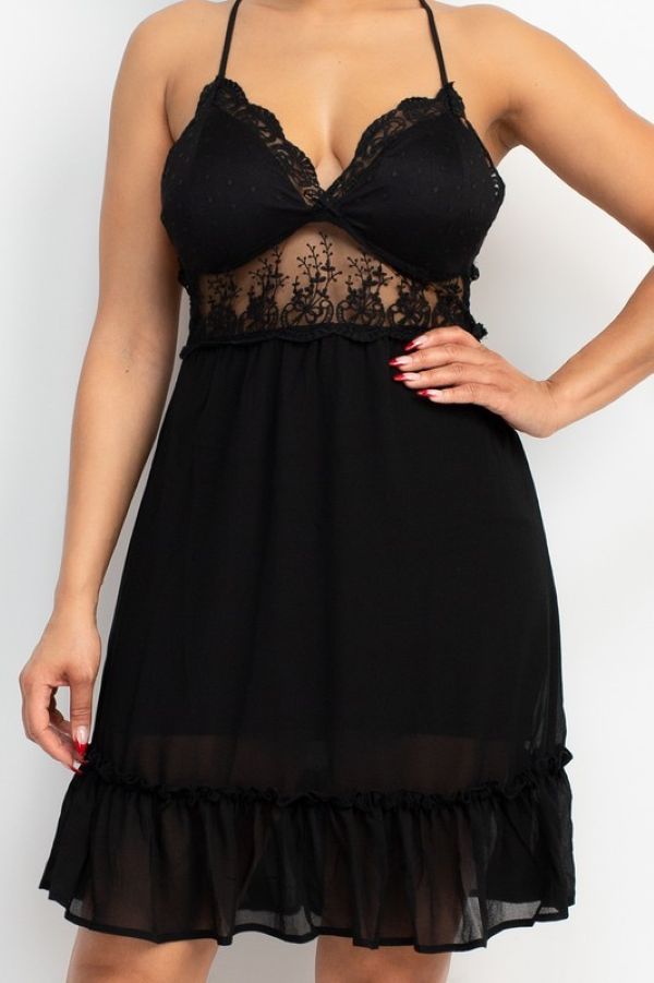 Dress - Lace Trim Crisscross - Black