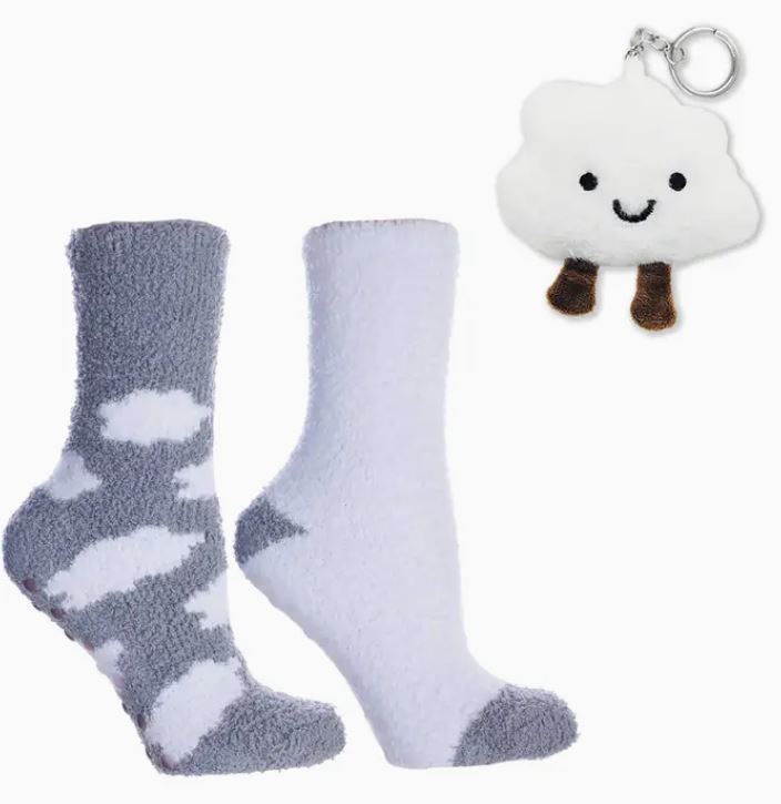 Socks And Keychain - 3 Pack Fluffy Clouds - Grey