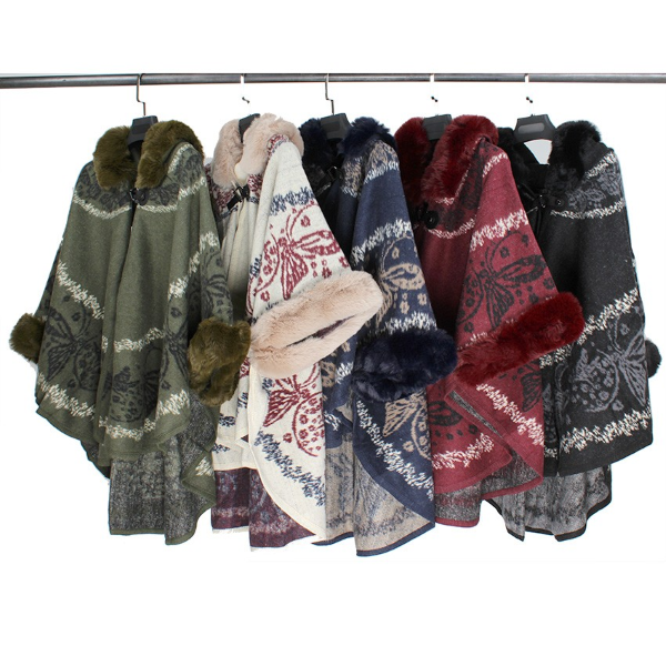 Poncho - Shawl Faux Fur Collar And Sleeves