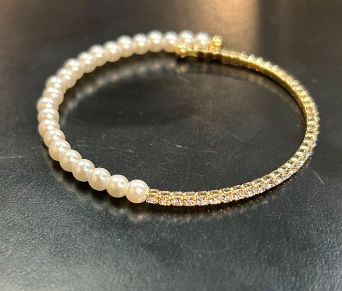 Bracelet - Faux Pearl Rhinestone - Gold