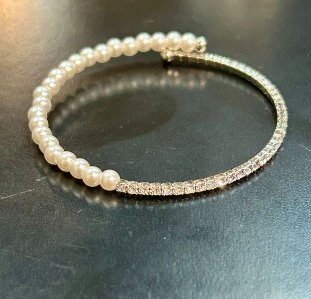 Bracelet - Faux Pearl Rhinestone - Silver