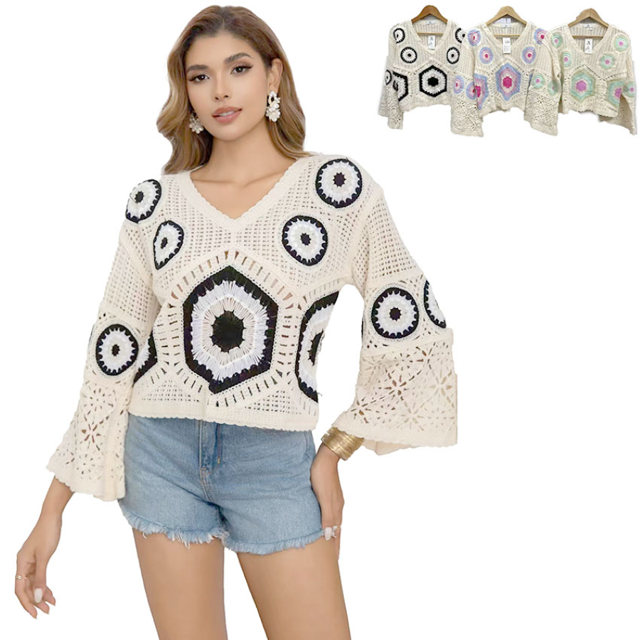 Top - Crochet Crop Long Sleeve - Assorted Colors