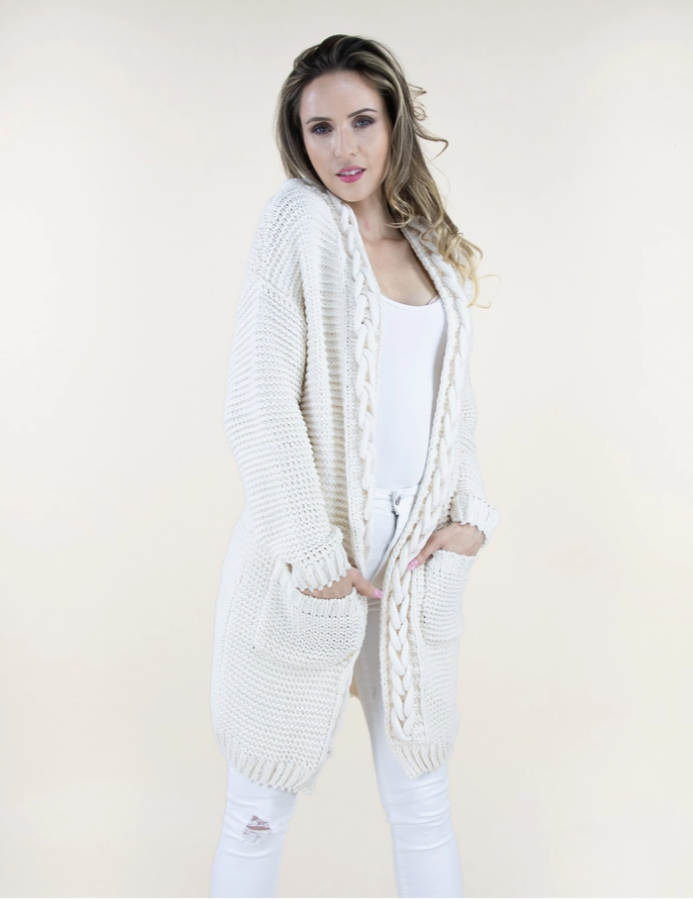 Cardigan - Hooded Braided - White
