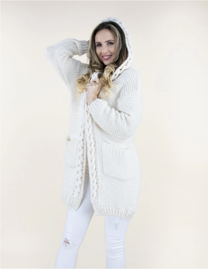 Cardigan - Hooded Braided - White