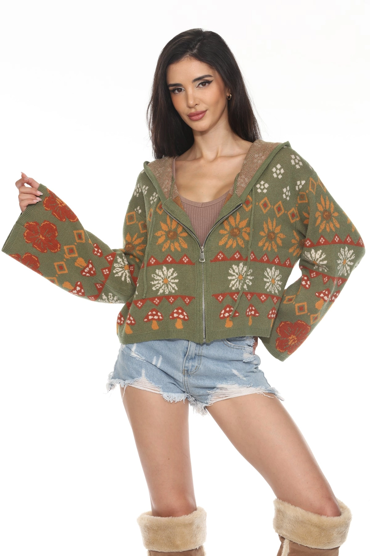 Jr Hoodie - Fair Isle Mushroom - Olive