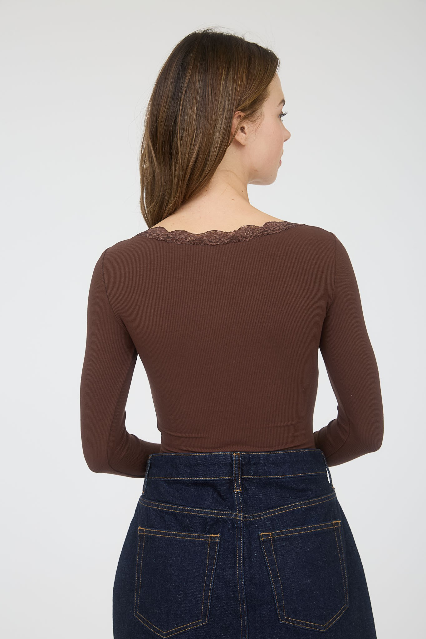 Jr Long Sleeve Top - Lace Button - Brown