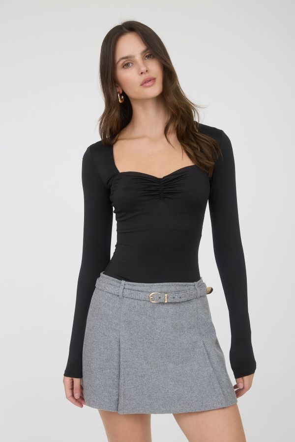 Jr Long Sleeve Top - Ruched Neckline - Black