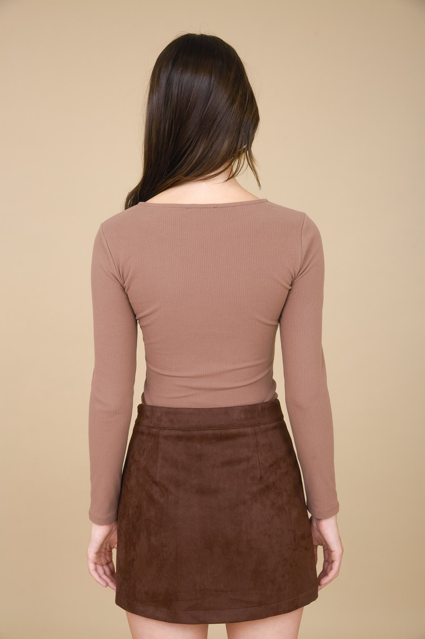 Jr Long Sleeve Top - Round Neck Bow - Brown