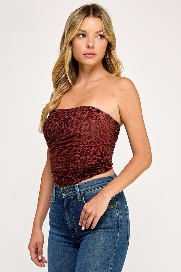 Top - Tube Leopard Flocking - Burgundy