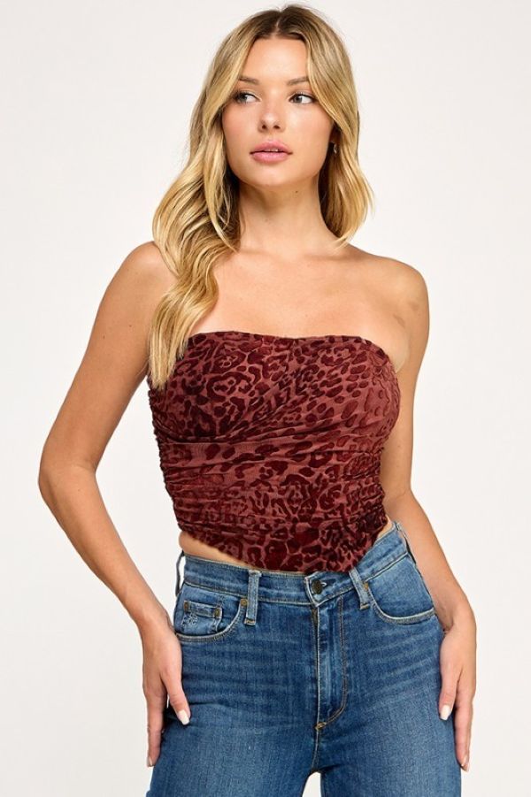 Top - Tube Leopard Flocking - Burgundy