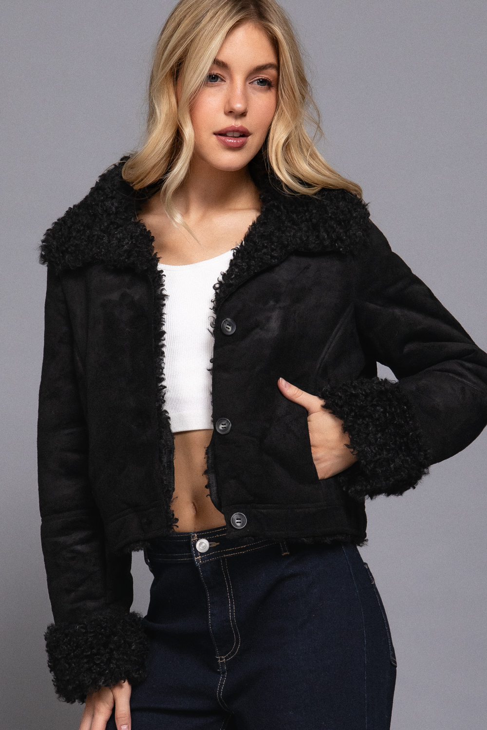Jacket - Suede Fur Trim - Black - hotRAGS.com
