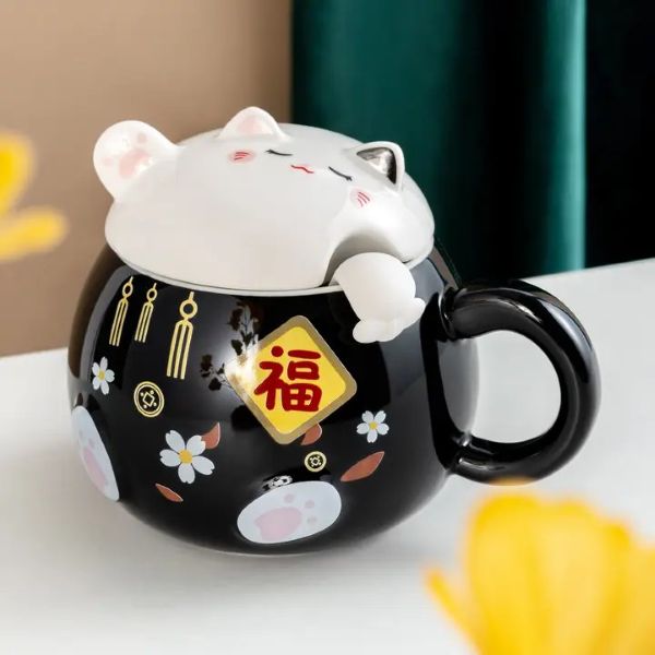 Mug - Fortune Cat Lid Spoon Black - 15oz - hotRAGS.com