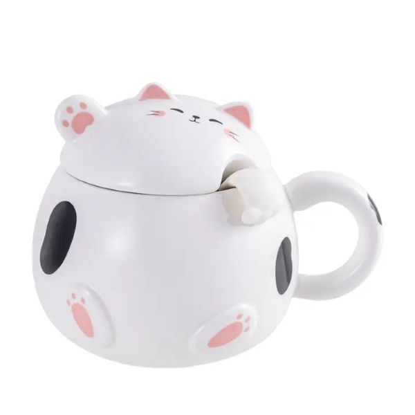 Mug - Whimsey Cat Lid Spoon White - 15oz - hotRAGS.com