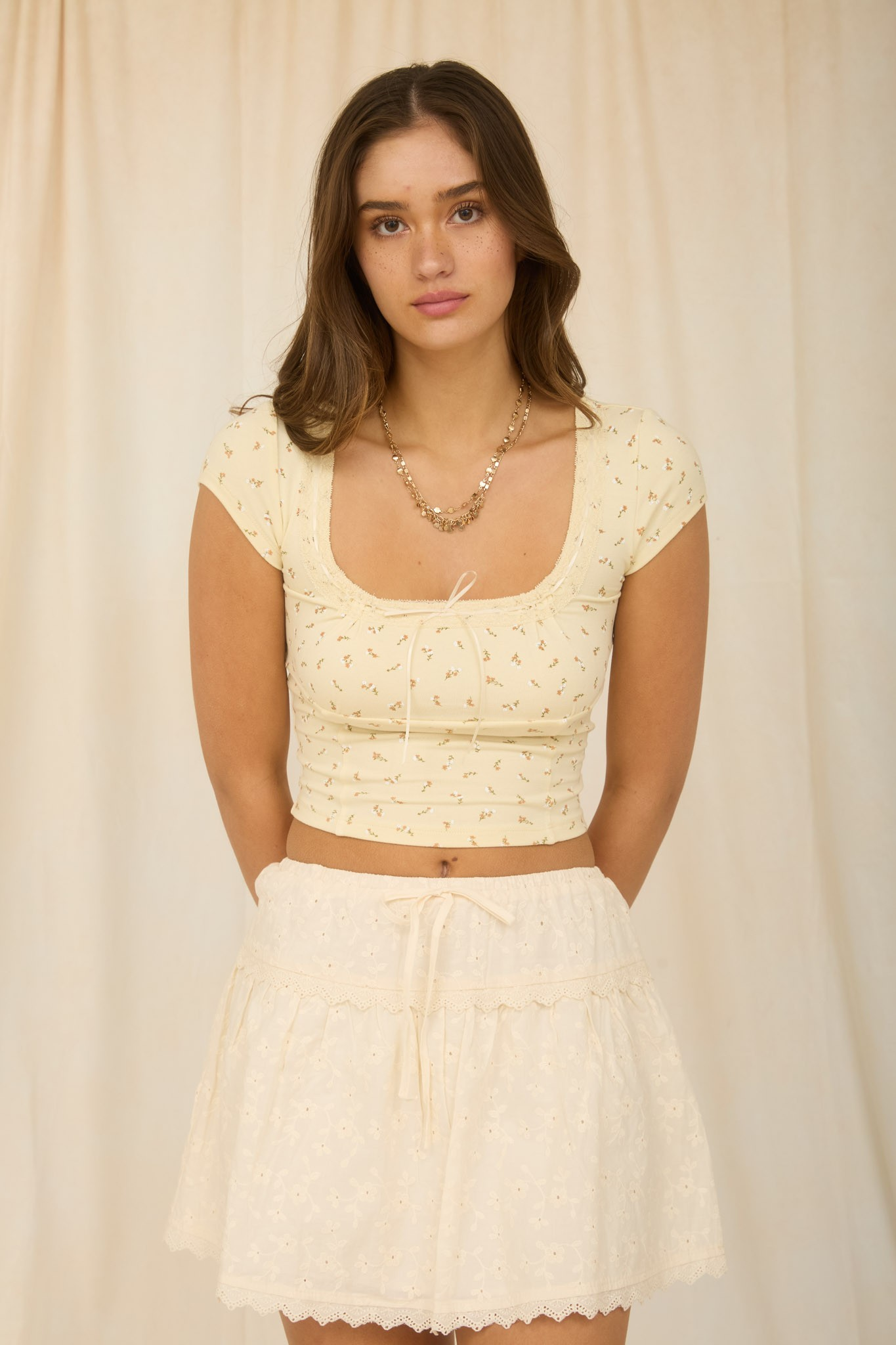 Jr Crop Top - Front Ribbon Tie Knit - Yellow - hotRAGS.com