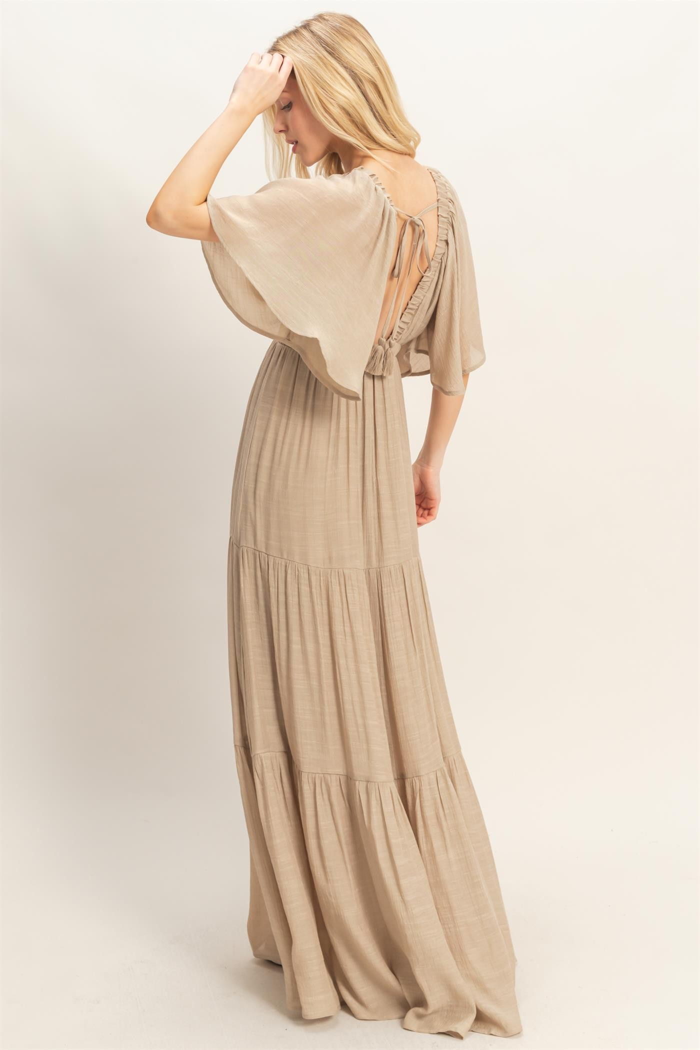 Dress - Maxi Flutter Sleeve - Taupe - hotRAGS.com