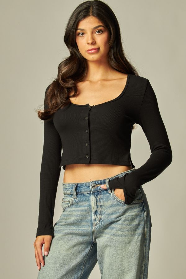 CARDIGAN Top - RIBBED KNIT CROP - Black