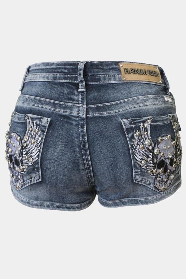 JR SHORTS - DENIM Two WINGS SKULL - hotRAGS.com