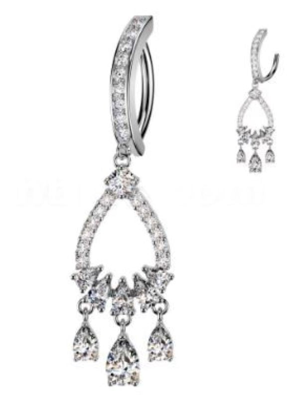 BELLY RING - HINGED Three TEARDROP CZ - Silver