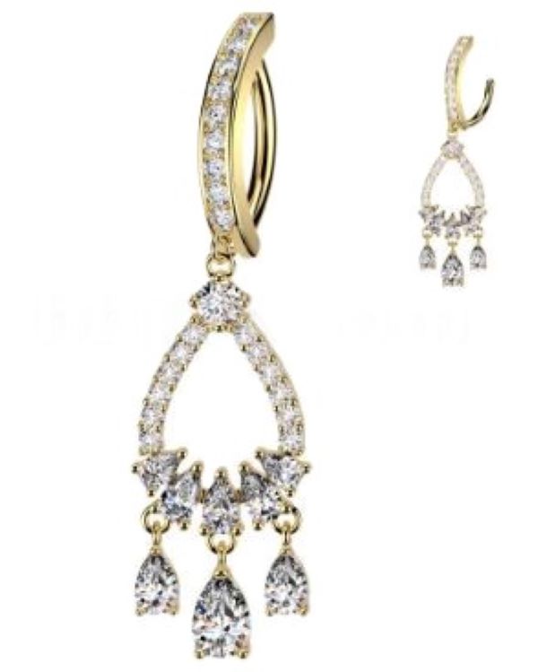 BELLY RING - HINGED Three TEARDROP CZ - Gold