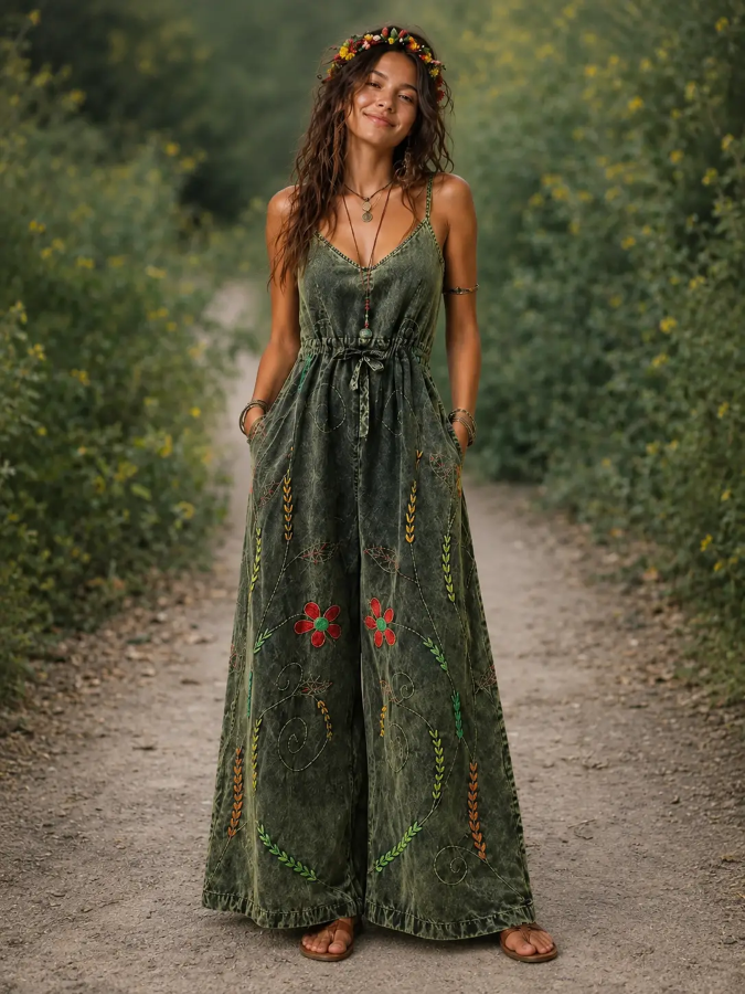 OVERALL - EMBROIDERED WIDE LEG