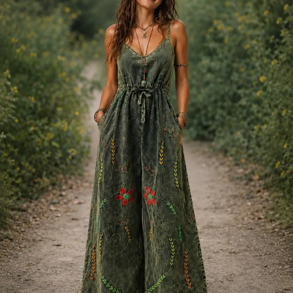 Overall Embroidered Wide Leg
