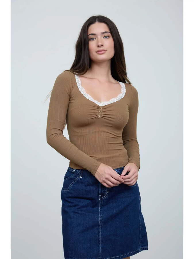 JR LONG SLEEVE Top - LACE TRIM - Deep Taupe