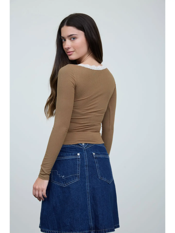 JR LONG SLEEVE Top - LACE TRIM - Deep Taupe