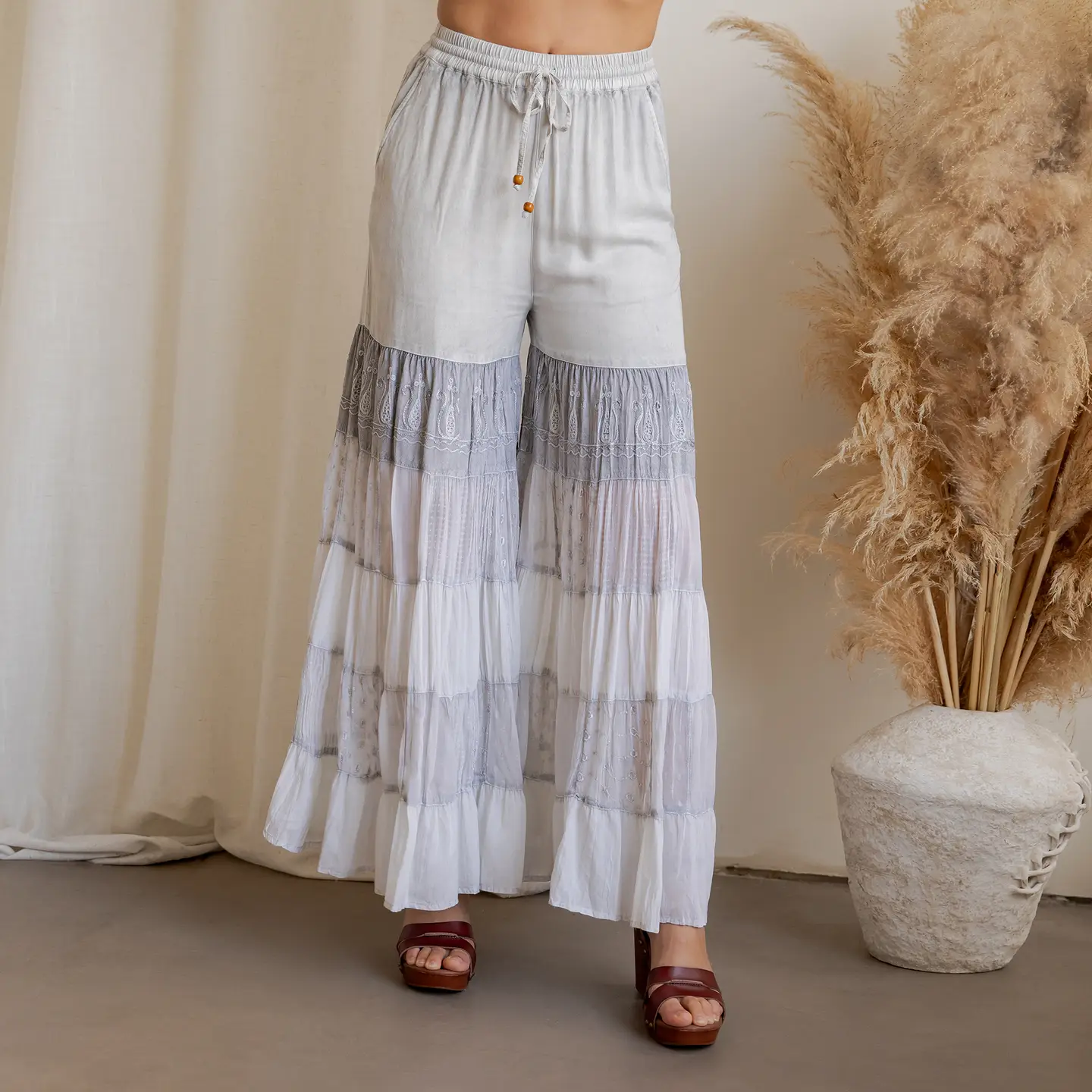 PANTS - BOHO TIERED EMB LACE - Grey