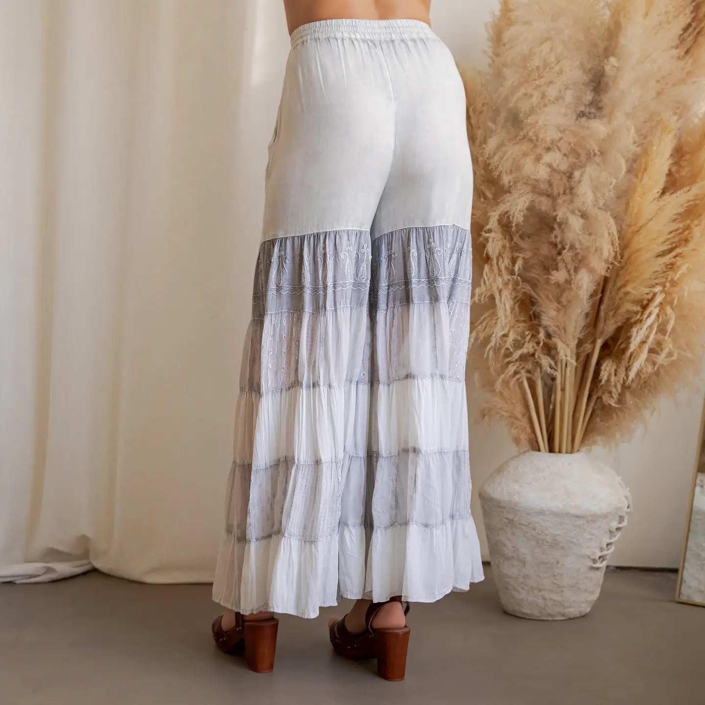 PANTS - BOHO TIERED EMB LACE - Grey