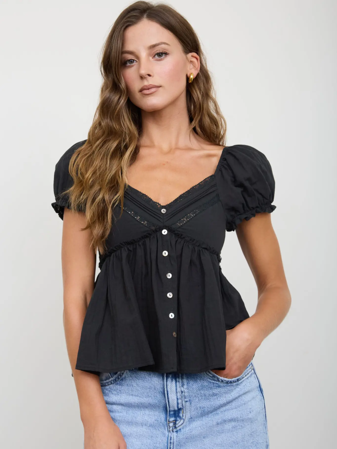 JR V NECK Top - PUFF SLEEVE BUTTON - Black