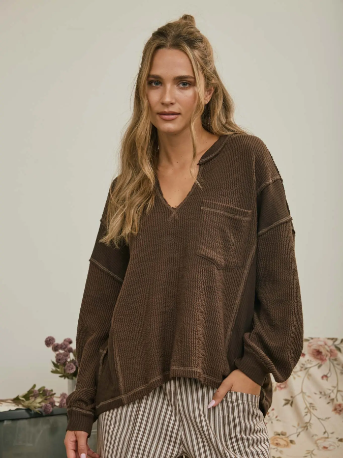 JR LONG SLEEVE Top - RAW EDGE RIB - Chocolate Brown