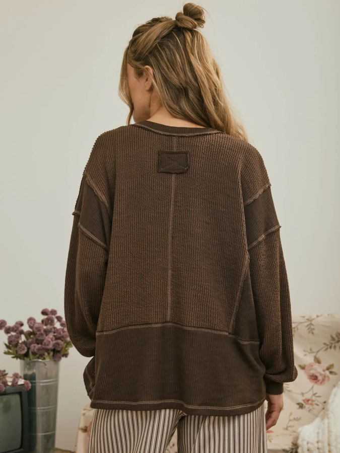JR LONG SLEEVE Top - RAW EDGE RIB - Chocolate Brown